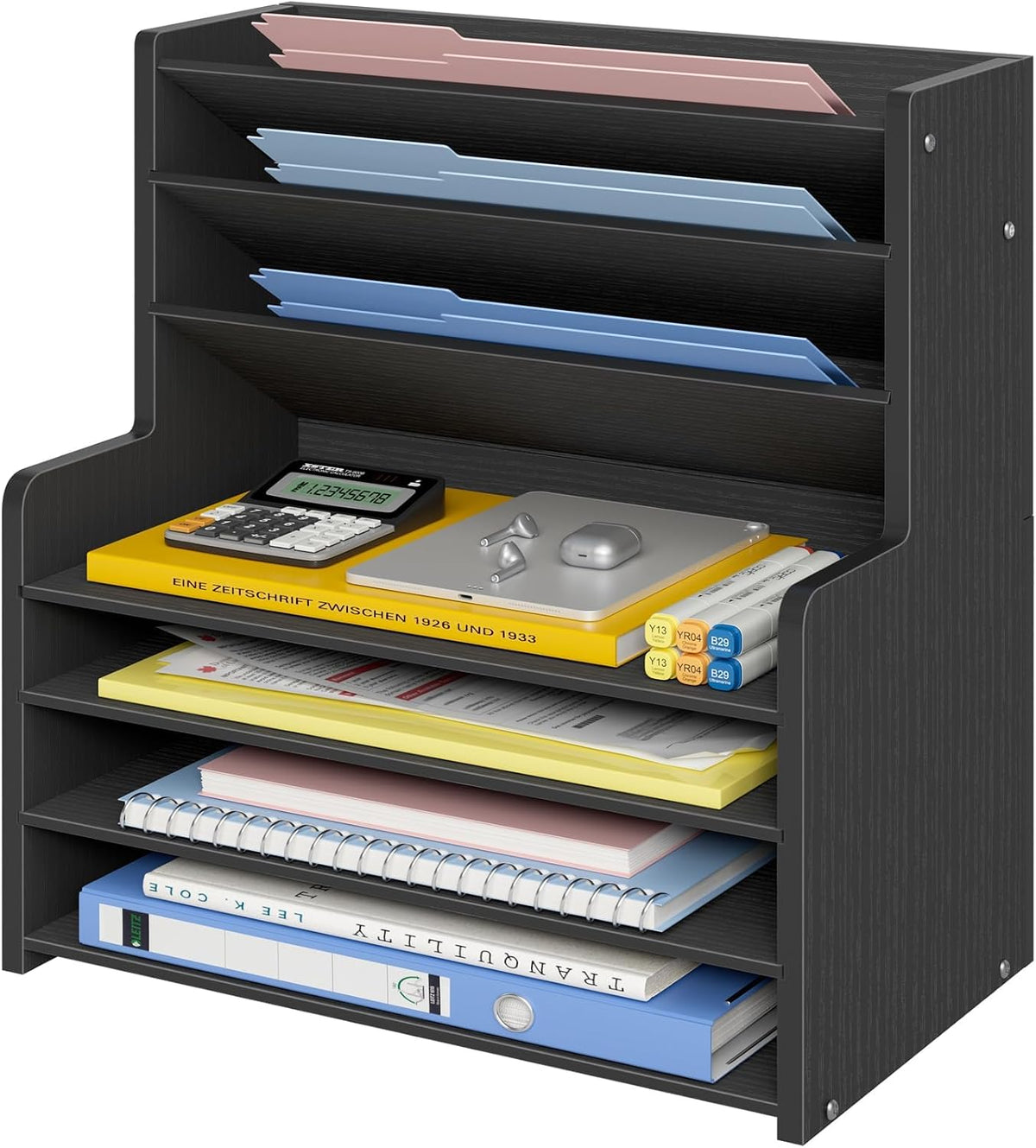 7 Tier White Desk Organizer for Office Organization, Wood Paper Organizer for Desk, Vertical Desktop File Folder Holder & Letter Tray, Aesthetic School Storage Orgnizer Shlef