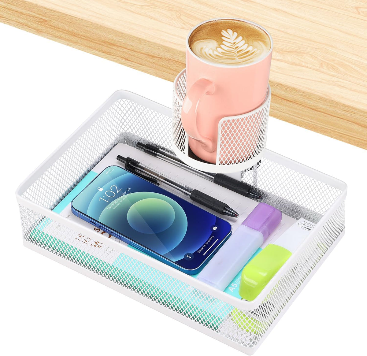 Rotary Under Desk Storage Organizer with Cup Holder & Drawer Tray