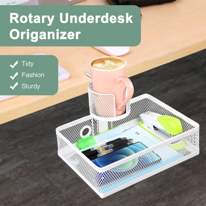 Rotary Under Desk Storage Organizer with Cup Holder & Drawer Tray
