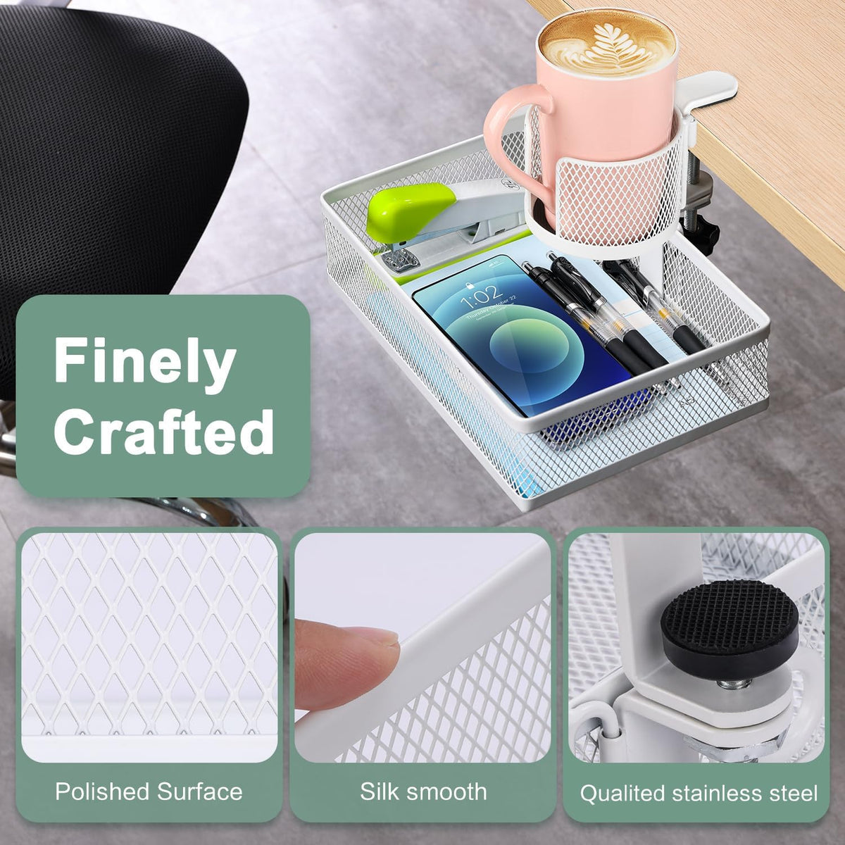 Rotary Under Desk Storage Organizer with Cup Holder & Drawer Tray