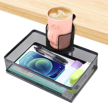 Rotary Under Desk Storage Organizer with Cup Holder & Drawer Tray