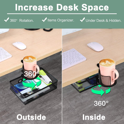 Rotary Under Desk Storage Organizer with Cup Holder & Drawer Tray