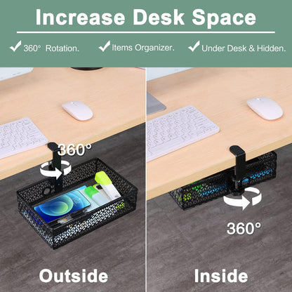 Rotary Under Desk Storage Organizer with Cup Holder & Drawer Tray