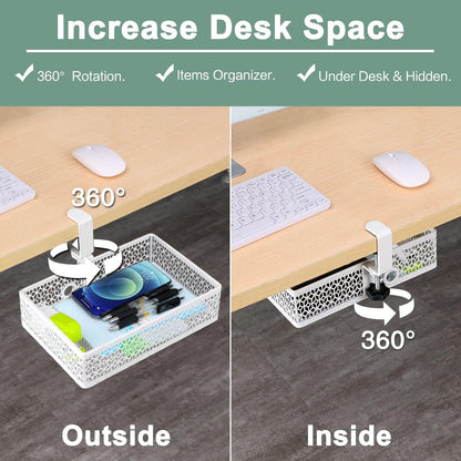 Rotary Under Desk Storage Organizer with Cup Holder & Drawer Tray