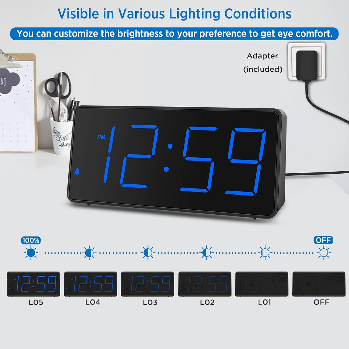 Digital Alarm Clock for Bedroom Bedside, Large Display, USB Charger