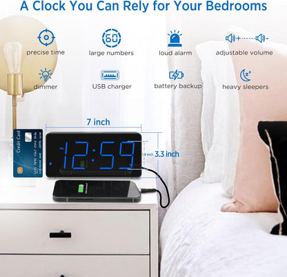 Digital Alarm Clock for Bedroom Bedside, Large Display, USB Charger