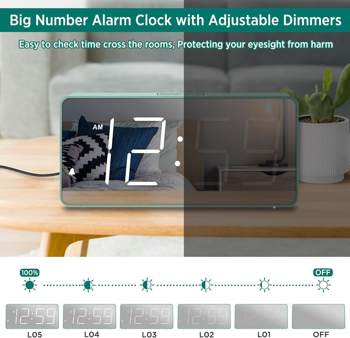 Digital Alarm Clock for Bedroom Bedside, Large Display, USB Charger