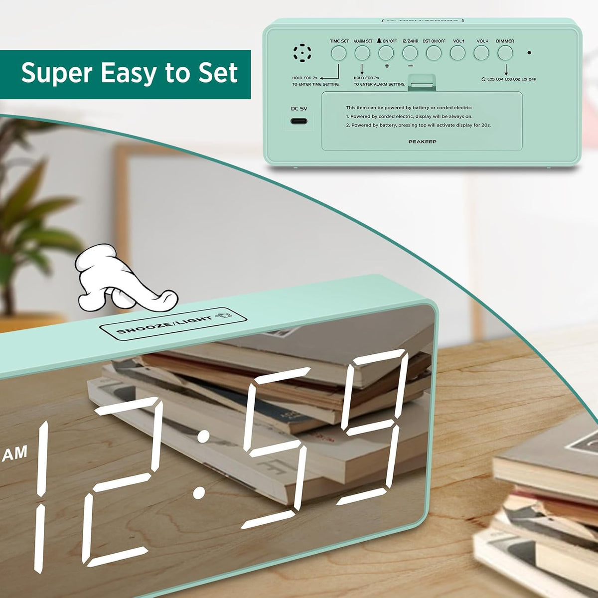 Digital Alarm Clock for Bedroom Bedside, Large Display, USB Charger