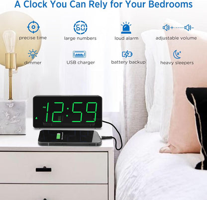 Digital Alarm Clock for Bedroom Bedside, Large Display, USB Charger