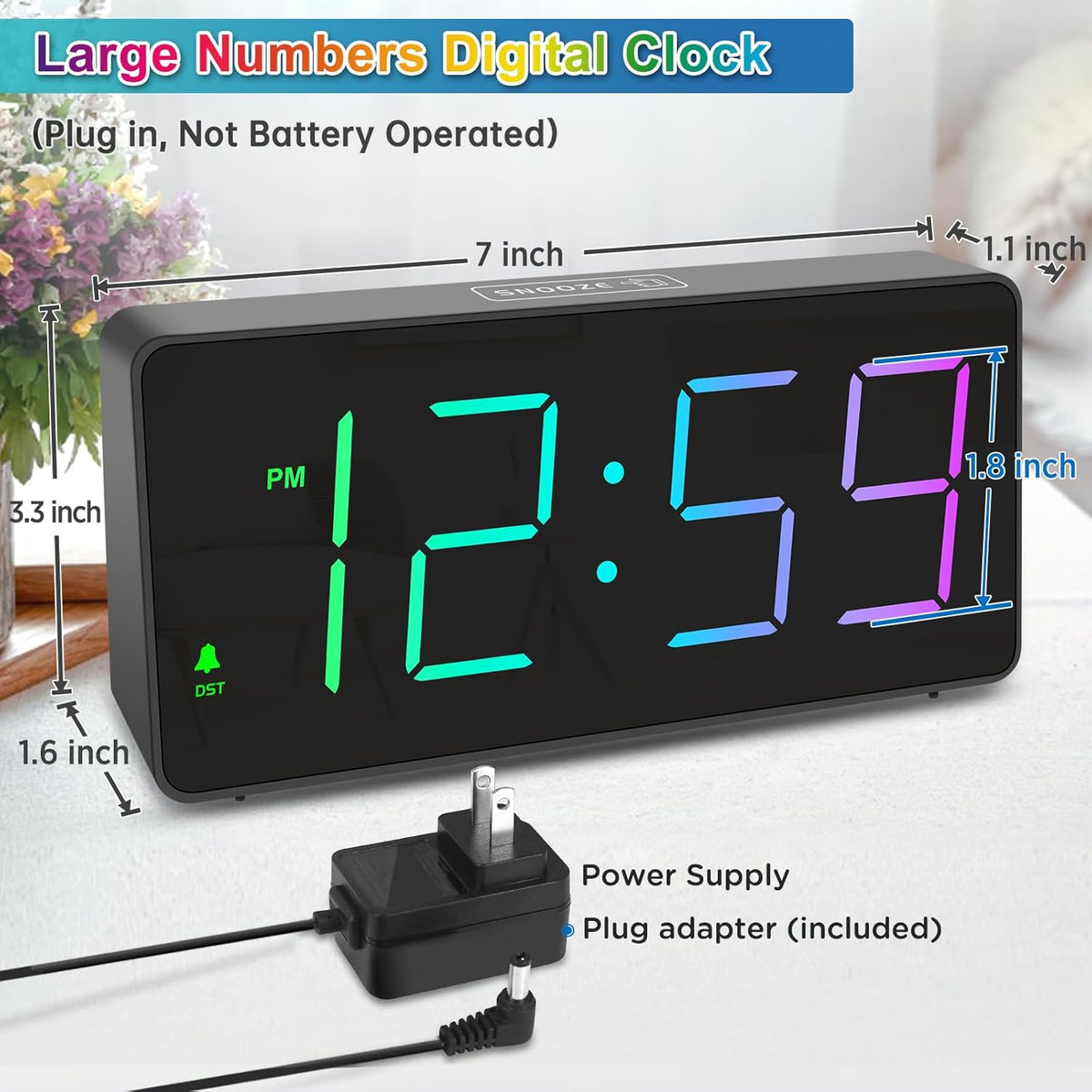 Digital Alarm Clock for Bedroom Bedside, Large Display, USB Charger