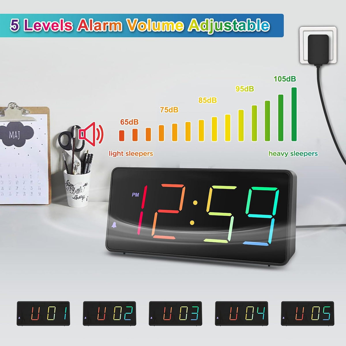 Digital Alarm Clock for Bedroom Bedside, Large Display, USB Charger