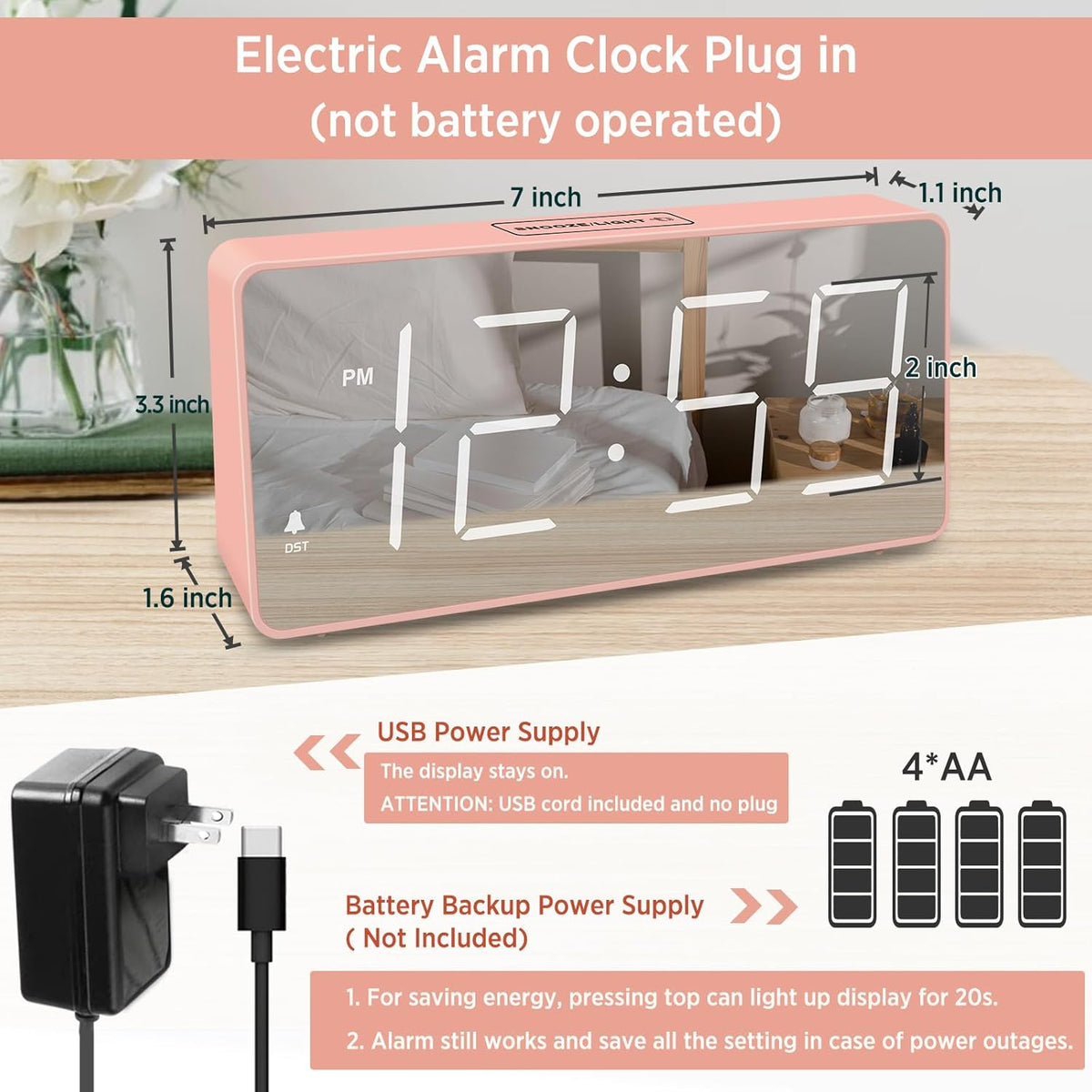 Digital Alarm Clock for Bedroom Bedside, Large Display, USB Charger