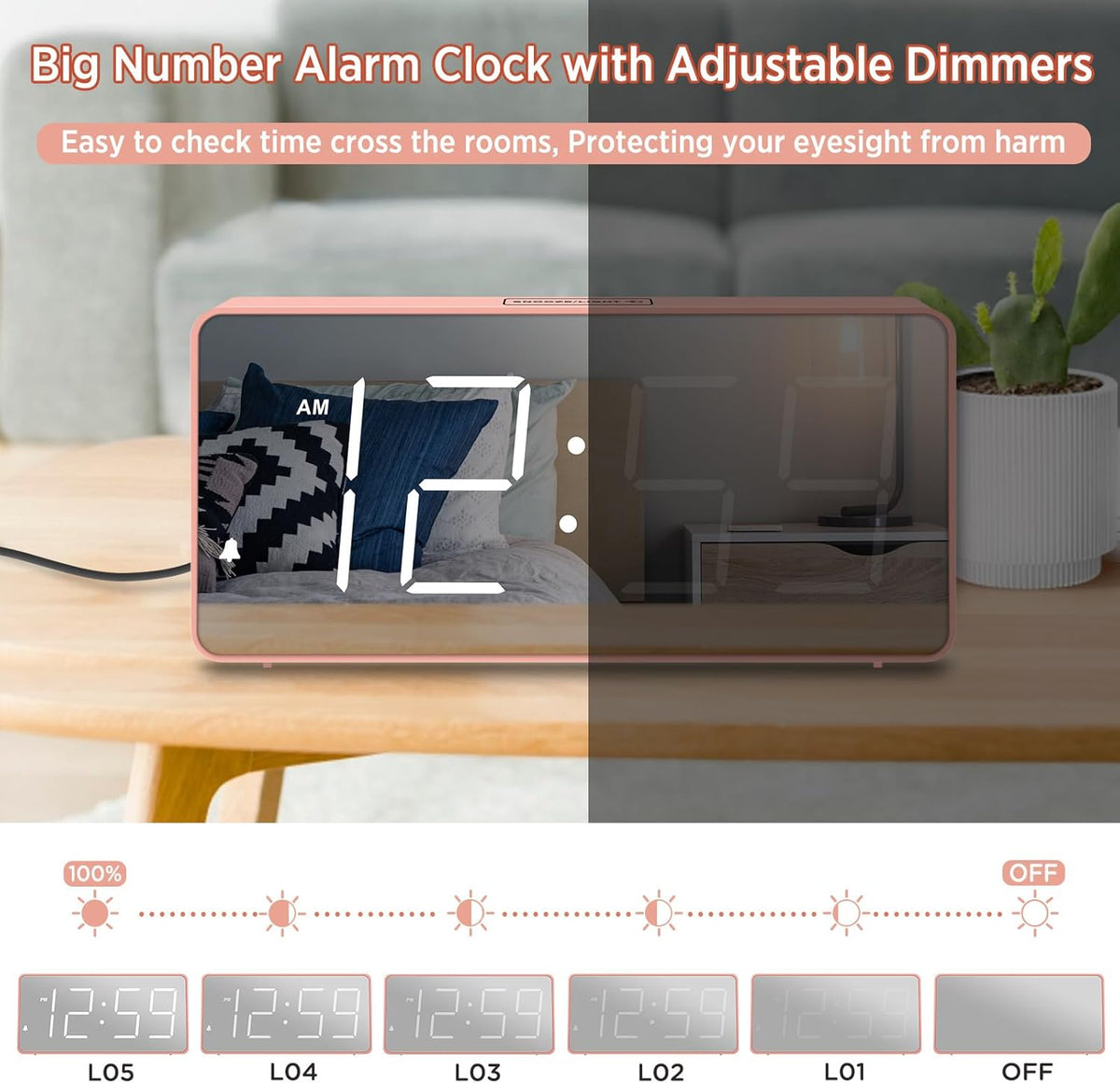Digital Alarm Clock for Bedroom Bedside, Large Display, USB Charger
