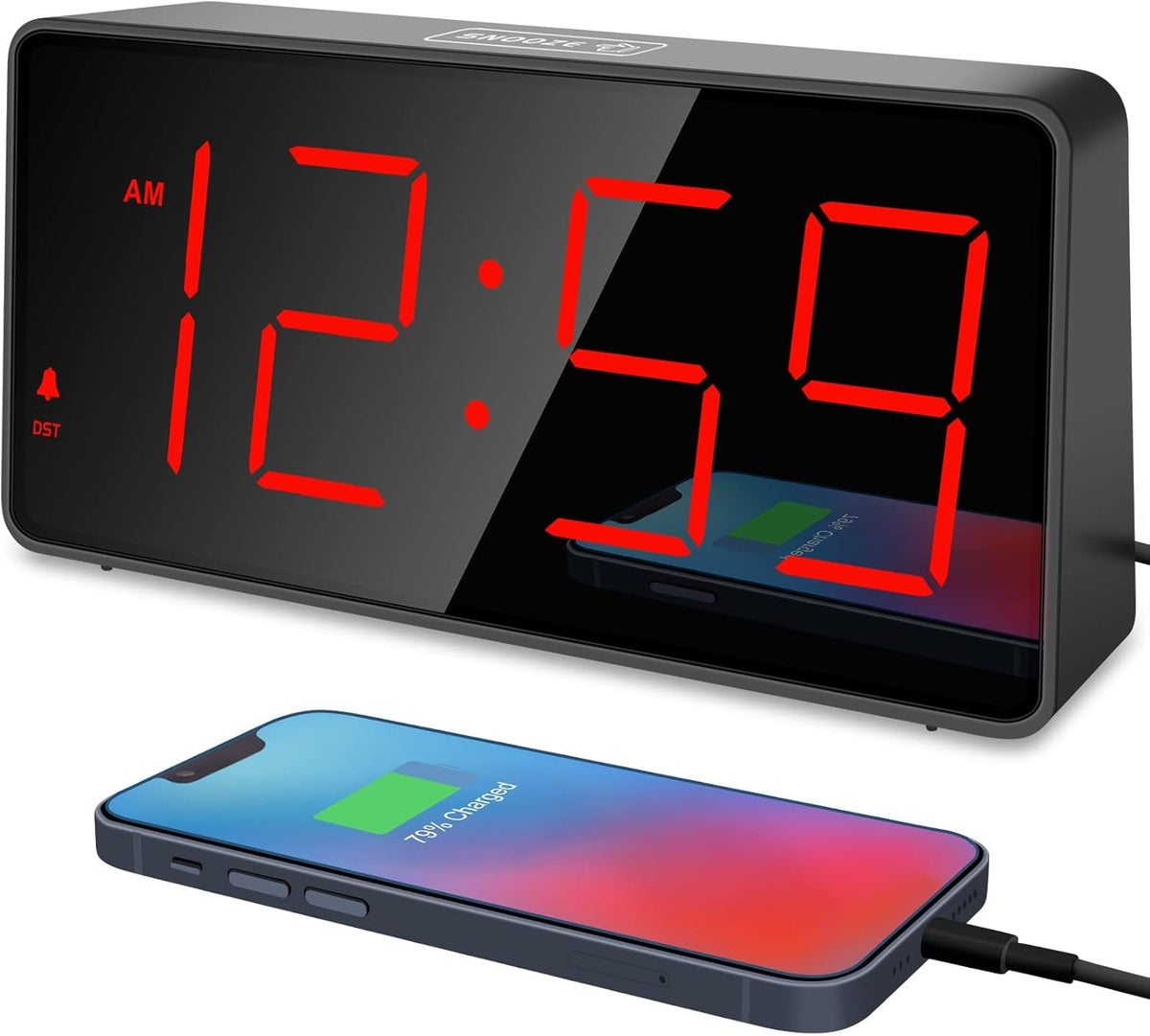 Digital Alarm Clock for Bedroom Bedside, Large Display, USB Charger
