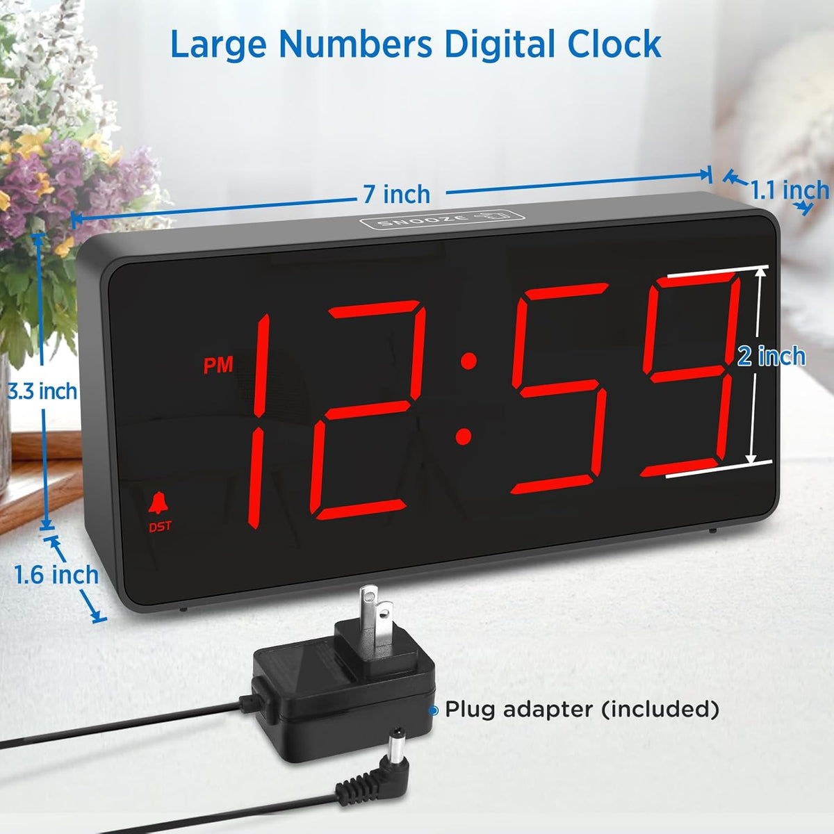 Digital Alarm Clock for Bedroom Bedside, Large Display, USB Charger