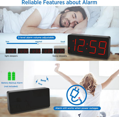 Digital Alarm Clock for Bedroom Bedside, Large Display, USB Charger