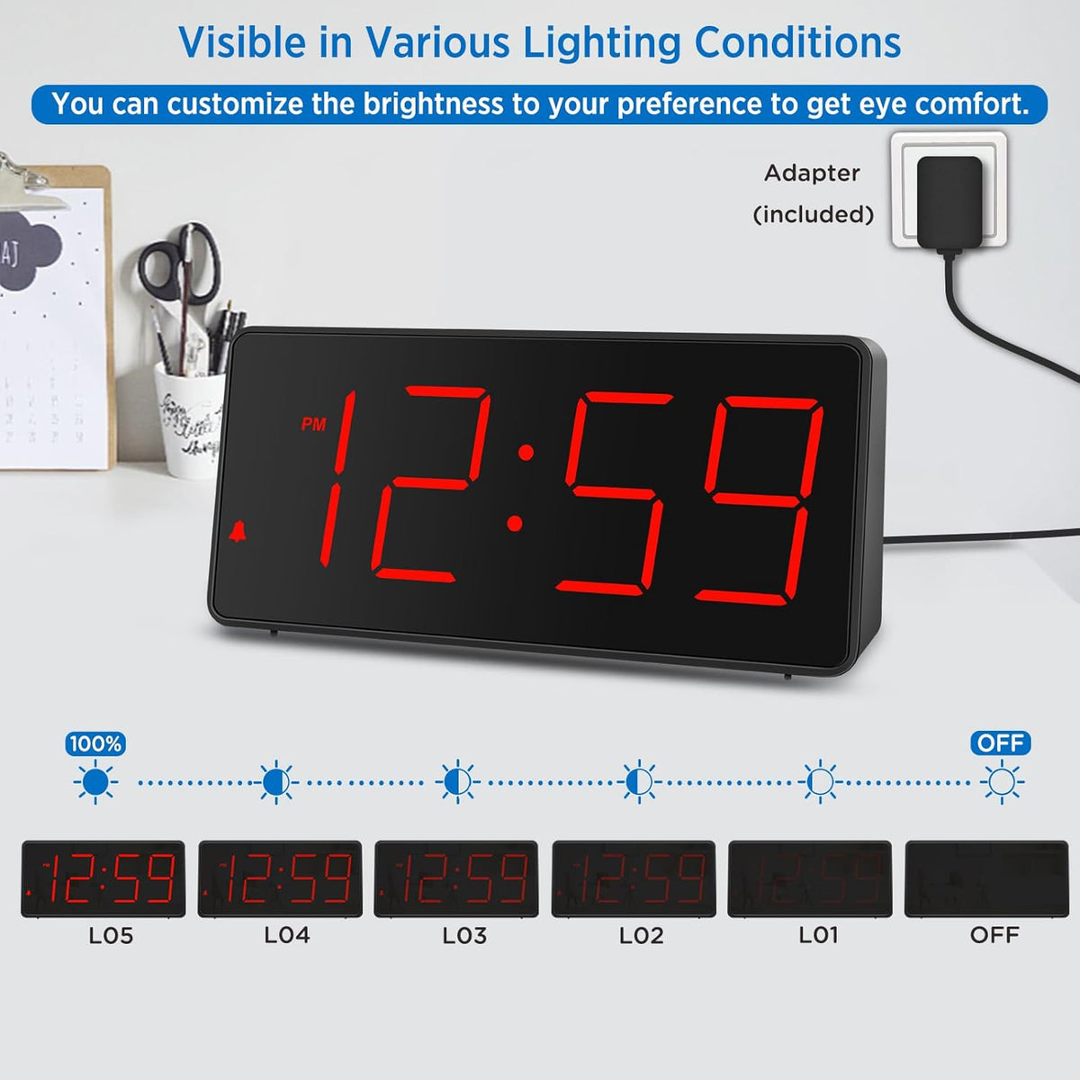 Digital Alarm Clock for Bedroom Bedside, Large Display, USB Charger