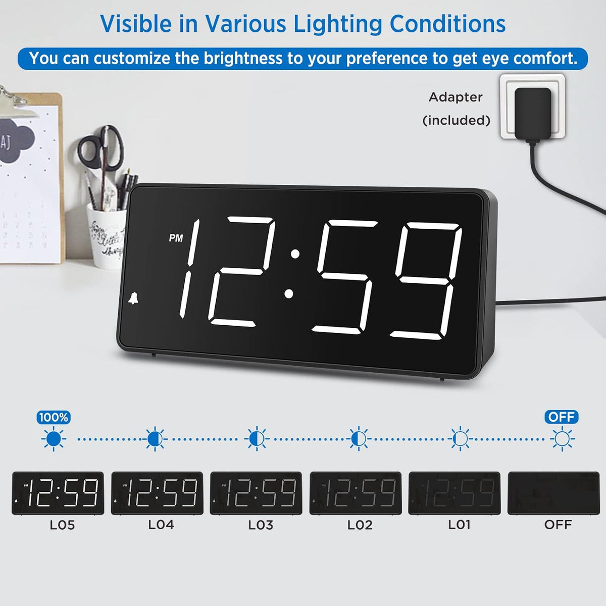 Digital Alarm Clock for Bedroom Bedside, Large Display, USB Charger
