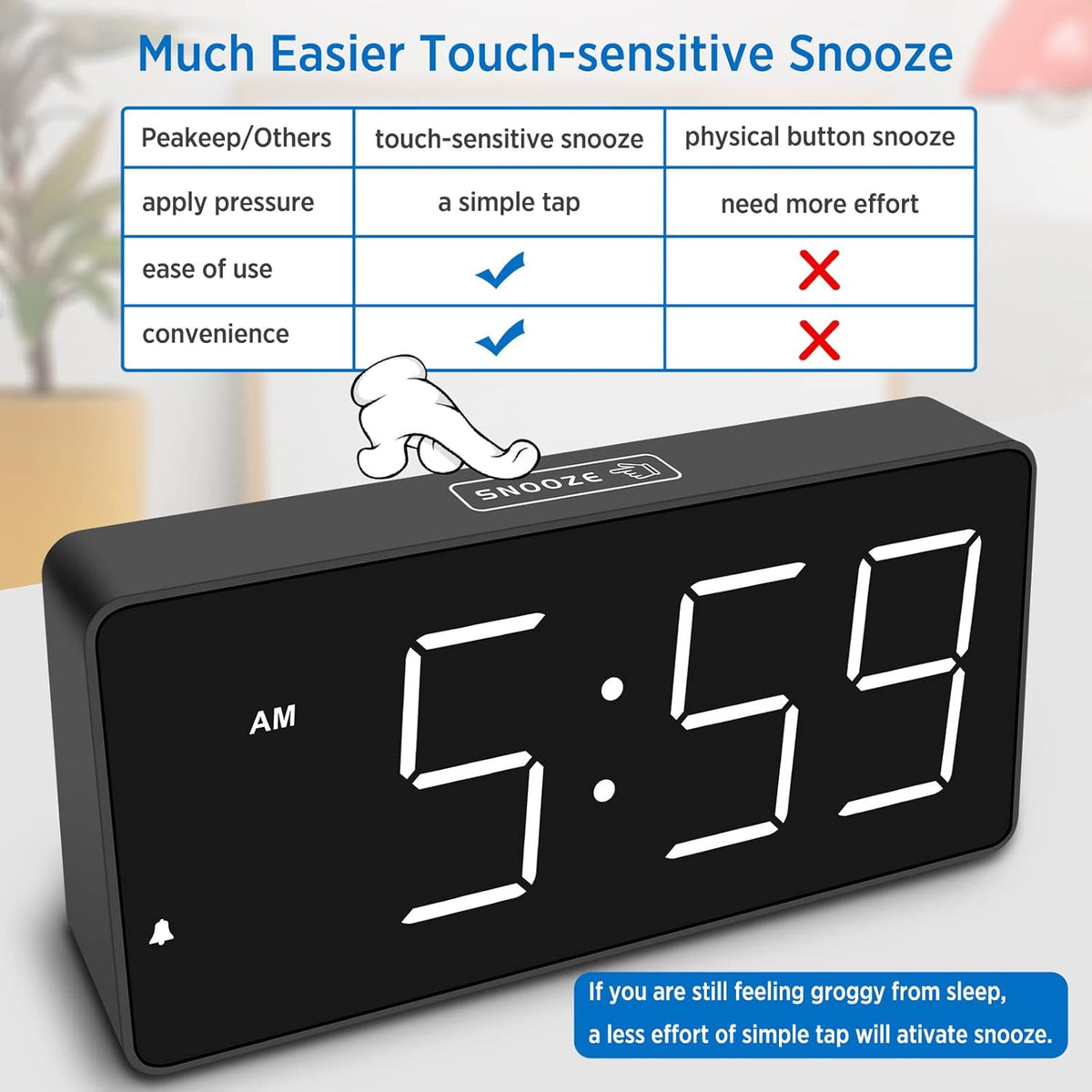 Digital Alarm Clock for Bedroom Bedside, Large Display, USB Charger