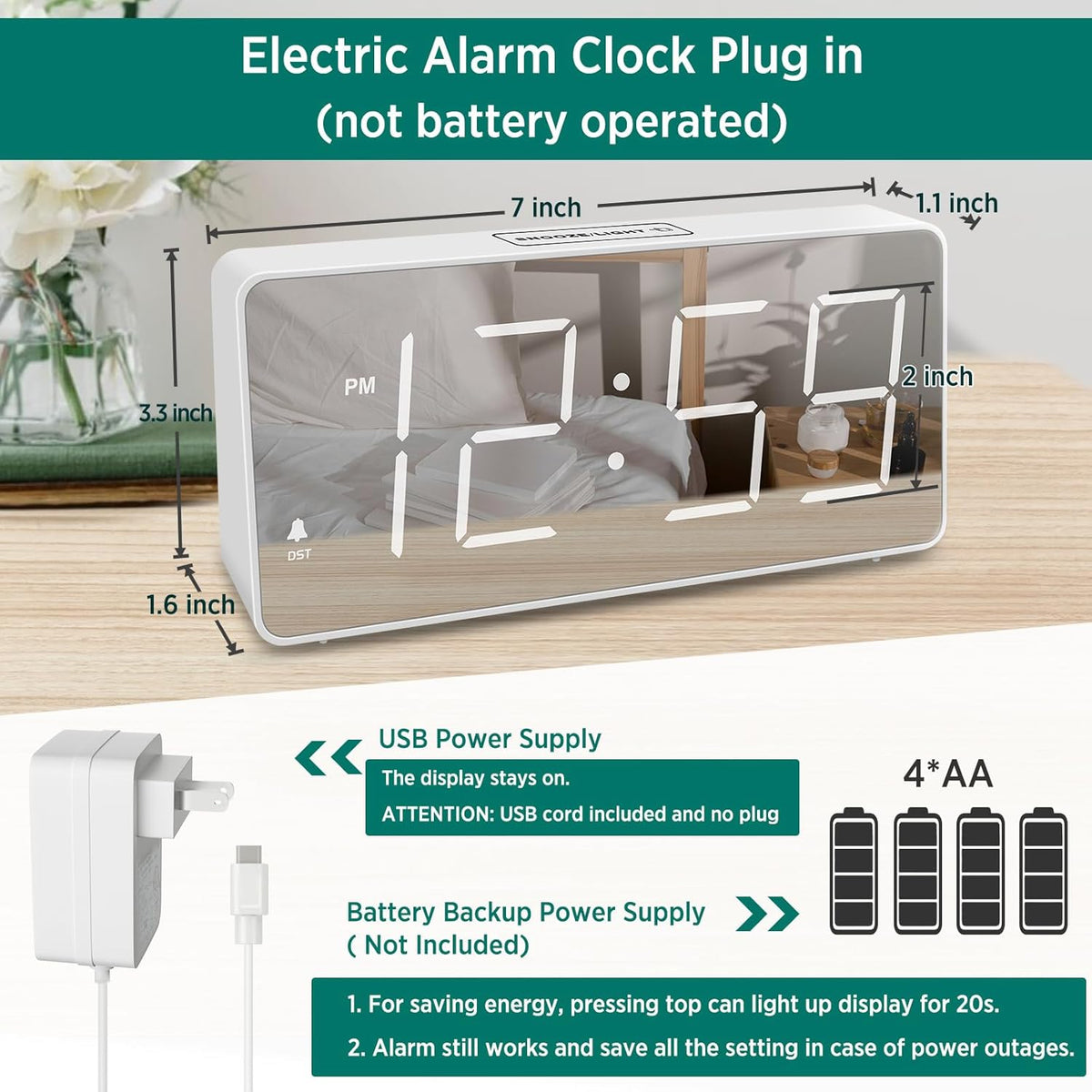 Digital Alarm Clock for Bedroom Bedside, Large Display, USB Charger