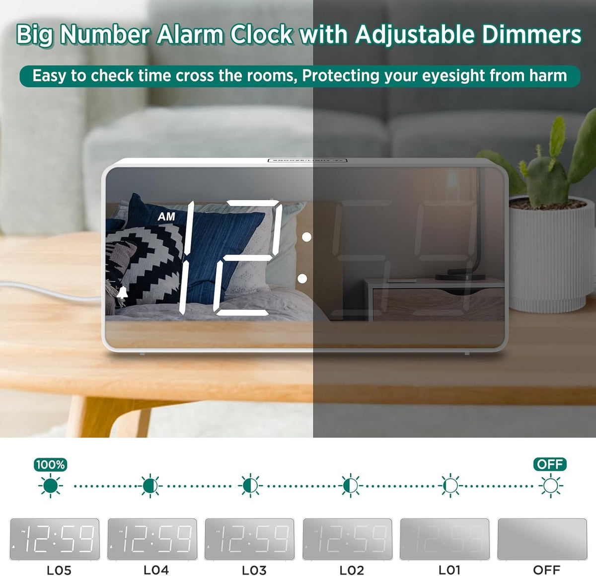 Digital Alarm Clock for Bedroom Bedside, Large Display, USB Charger