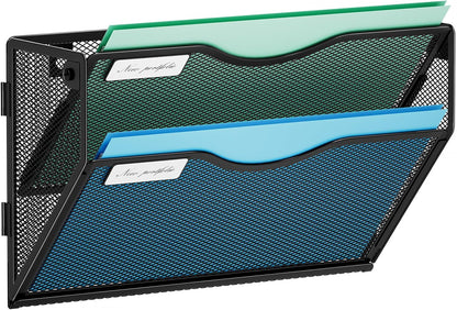 Wall File Holder 2-Tier Hanging Wall File Organizer, Mesh Mail Holder for Papers, Wall Mount File Clipboard & Magazine Organizer Great for Office Home (Black)