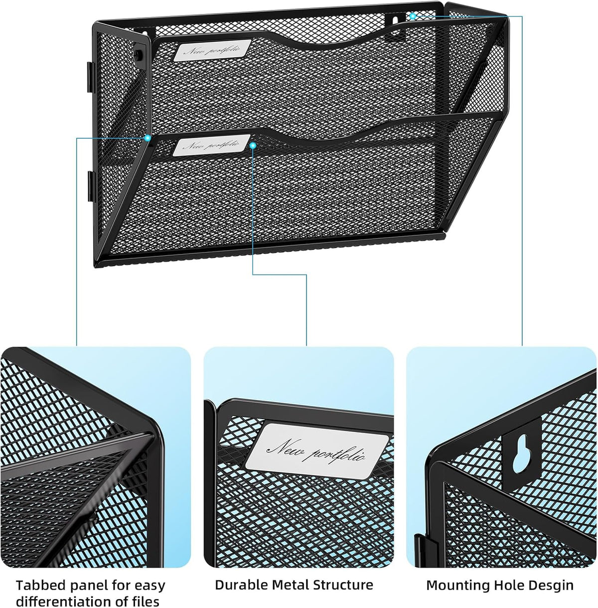 Wall File Holder 2-Tier Hanging Wall File Organizer, Mesh Mail Holder for Papers, Wall Mount File Clipboard & Magazine Organizer Great for Office Home (Black)