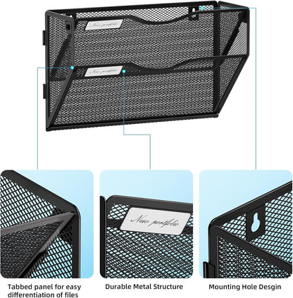 Wall File Holder 2-Tier Hanging Wall File Organizer, Mesh Mail Holder for Papers, Wall Mount File Clipboard & Magazine Organizer Great for Office Home (Black)