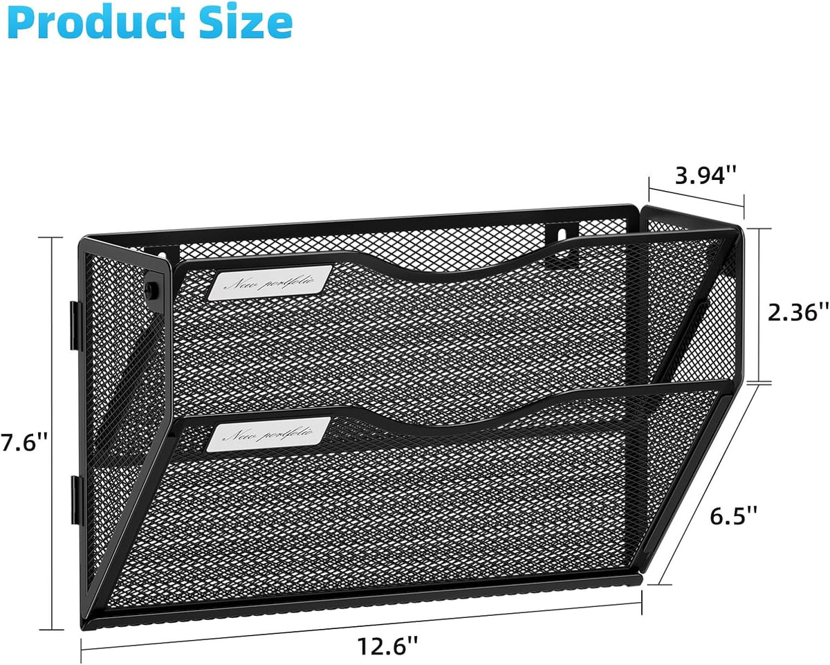Wall File Holder 2-Tier Hanging Wall File Organizer, Mesh Mail Holder for Papers, Wall Mount File Clipboard & Magazine Organizer Great for Office Home (Black)