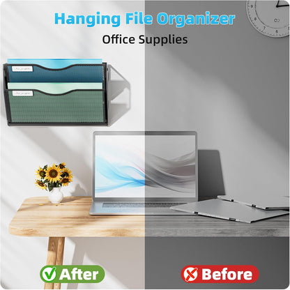 Wall File Holder 2-Tier Hanging Wall File Organizer, Mesh Mail Holder for Papers, Wall Mount File Clipboard & Magazine Organizer Great for Office Home (Black)