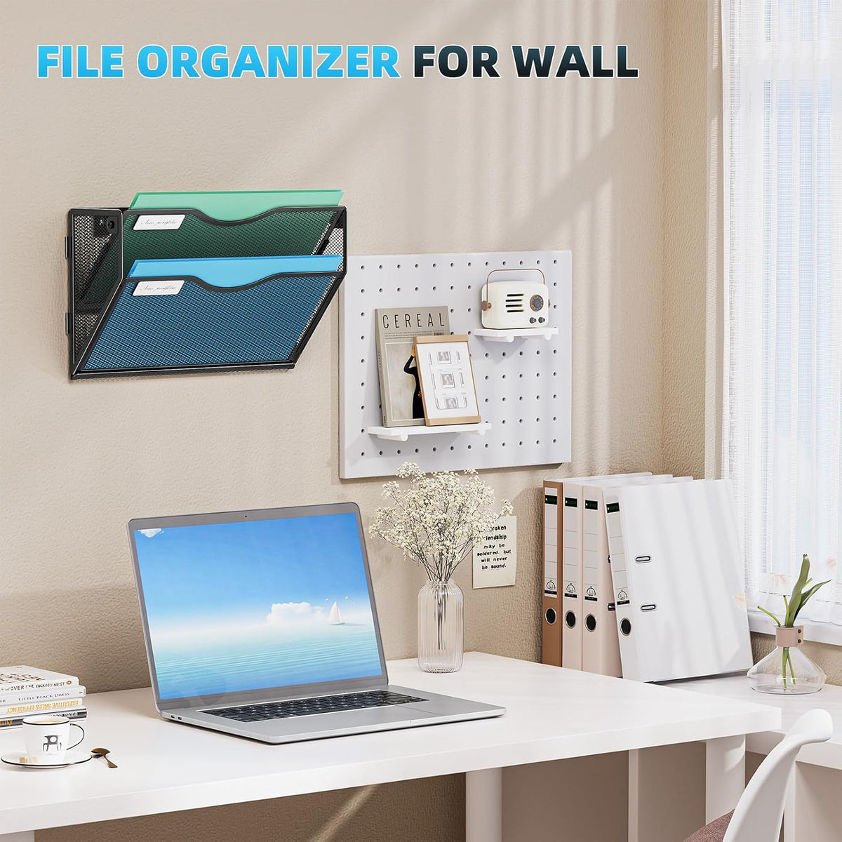 Wall File Holder 2-Tier Hanging Wall File Organizer, Mesh Mail Holder for Papers, Wall Mount File Clipboard & Magazine Organizer Great for Office Home (Black)