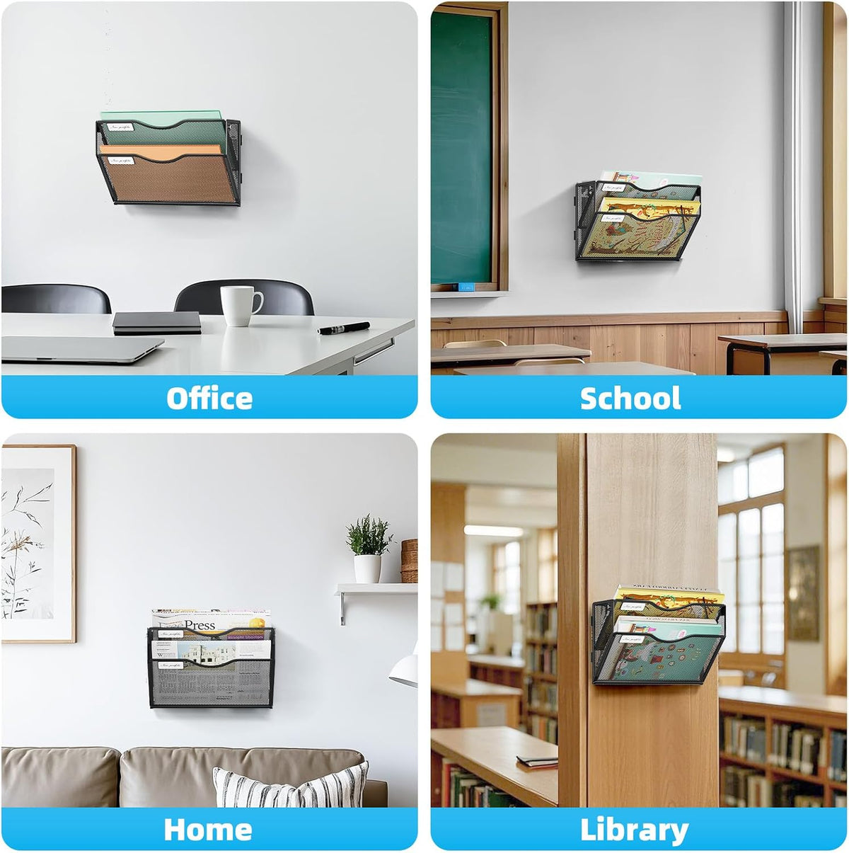 Wall File Holder 2-Tier Hanging Wall File Organizer, Mesh Mail Holder for Papers, Wall Mount File Clipboard & Magazine Organizer Great for Office Home (Black)