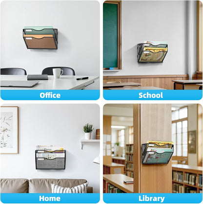 Wall File Holder 2-Tier Hanging Wall File Organizer, Mesh Mail Holder for Papers, Wall Mount File Clipboard & Magazine Organizer Great for Office Home (Black)