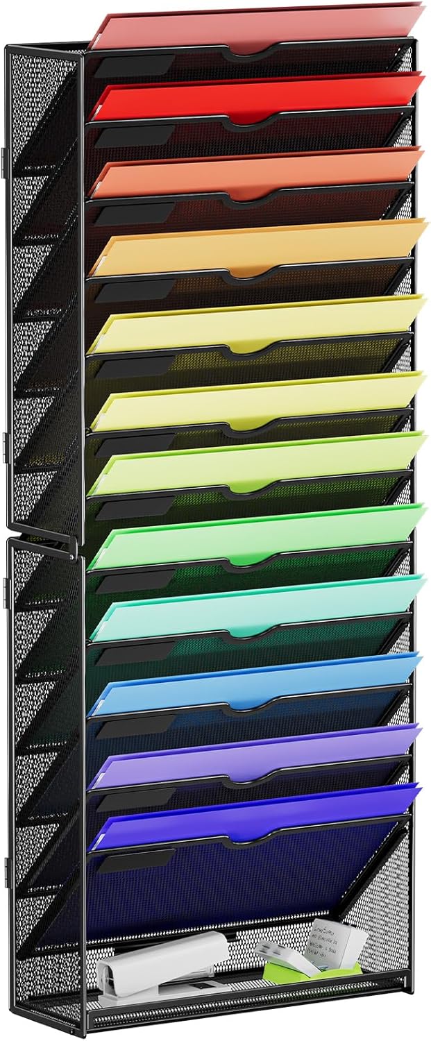 Wall File Holder 2-Tier Hanging Wall File Organizer, Mesh Mail Holder for Papers, Wall Mount File Clipboard & Magazine Organizer Great for Office Home (Black)