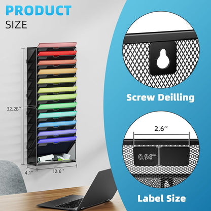 Wall File Holder 2-Tier Hanging Wall File Organizer, Mesh Mail Holder for Papers, Wall Mount File Clipboard & Magazine Organizer Great for Office Home (Black)