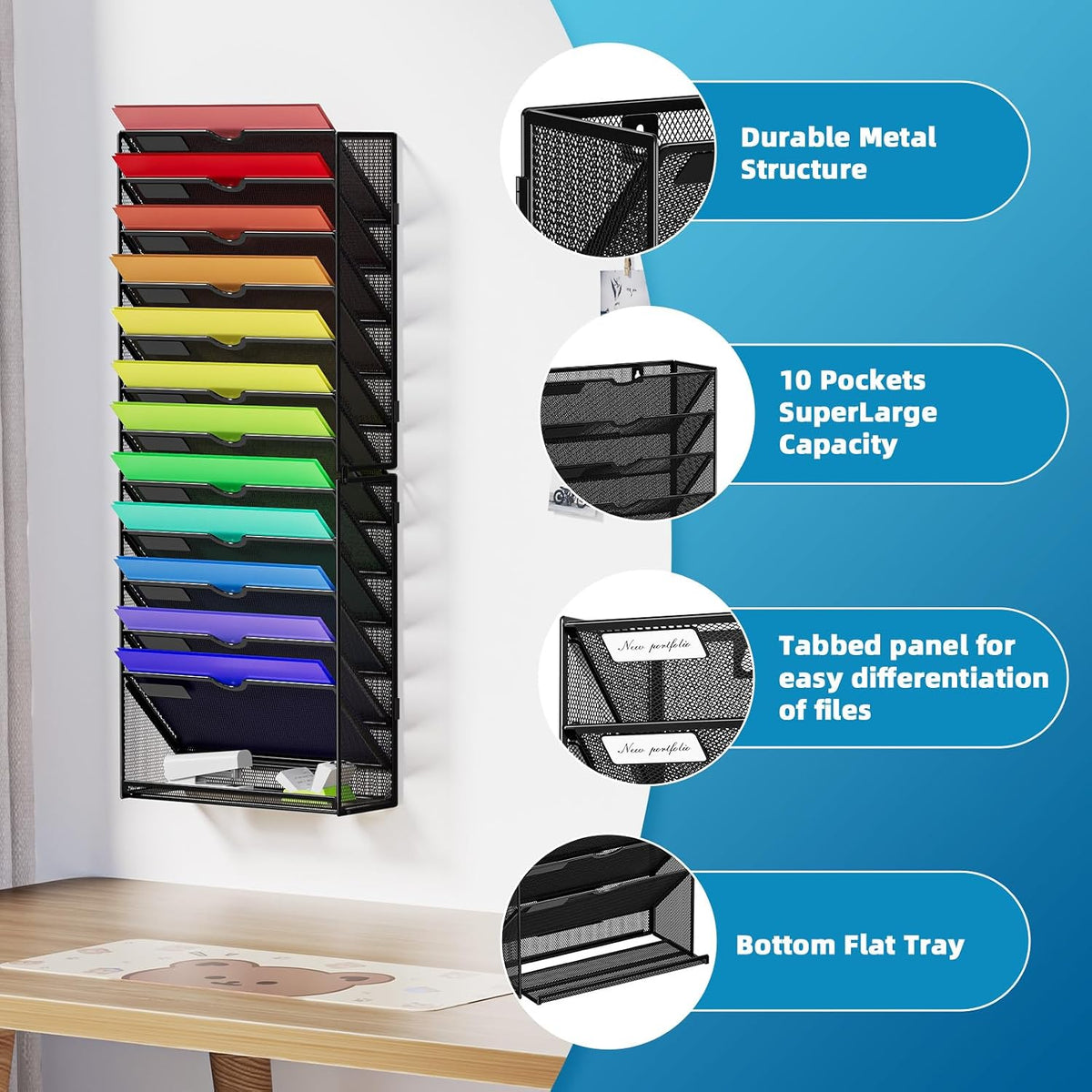Wall File Holder 2-Tier Hanging Wall File Organizer, Mesh Mail Holder for Papers, Wall Mount File Clipboard & Magazine Organizer Great for Office Home (Black)