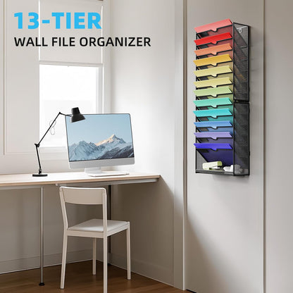 Wall File Holder 2-Tier Hanging Wall File Organizer, Mesh Mail Holder for Papers, Wall Mount File Clipboard & Magazine Organizer Great for Office Home (Black)