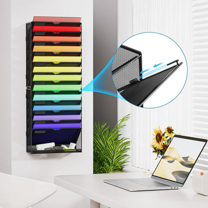 Wall File Holder 2-Tier Hanging Wall File Organizer, Mesh Mail Holder for Papers, Wall Mount File Clipboard & Magazine Organizer Great for Office Home (Black)