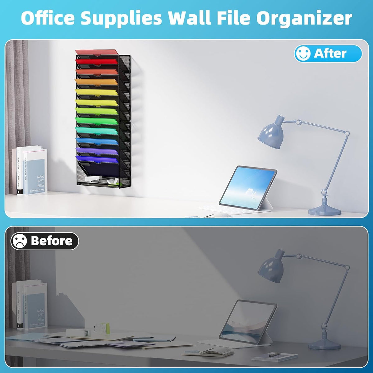 Wall File Holder 2-Tier Hanging Wall File Organizer, Mesh Mail Holder for Papers, Wall Mount File Clipboard & Magazine Organizer Great for Office Home (Black)