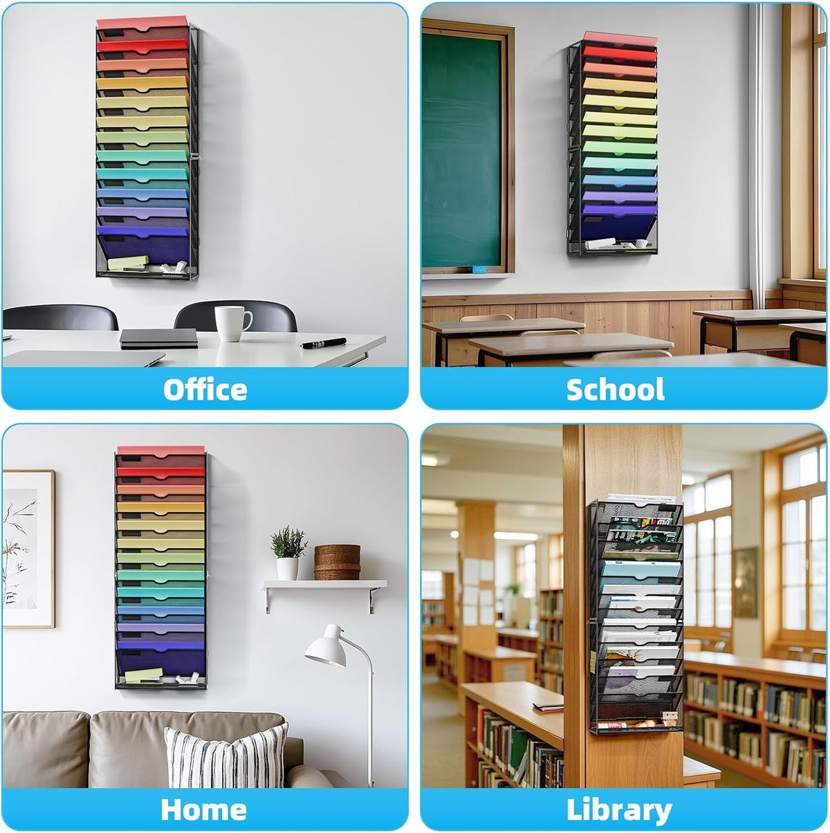 Wall File Holder 2-Tier Hanging Wall File Organizer, Mesh Mail Holder for Papers, Wall Mount File Clipboard & Magazine Organizer Great for Office Home (Black)