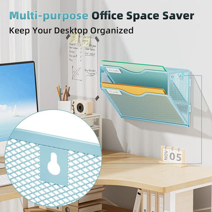 Wall File Holder 2-Tier Hanging Wall File Organizer, Mesh Mail Holder for Papers, Wall Mount File Clipboard & Magazine Organizer Great for Office Home (Black)