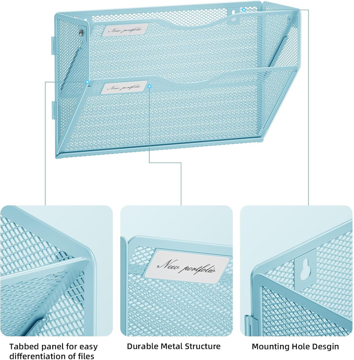 Wall File Holder 2-Tier Hanging Wall File Organizer, Mesh Mail Holder for Papers, Wall Mount File Clipboard & Magazine Organizer Great for Office Home (Black)