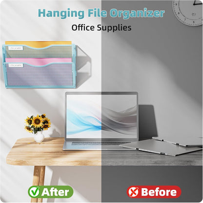 Wall File Holder 2-Tier Hanging Wall File Organizer, Mesh Mail Holder for Papers, Wall Mount File Clipboard & Magazine Organizer Great for Office Home (Black)