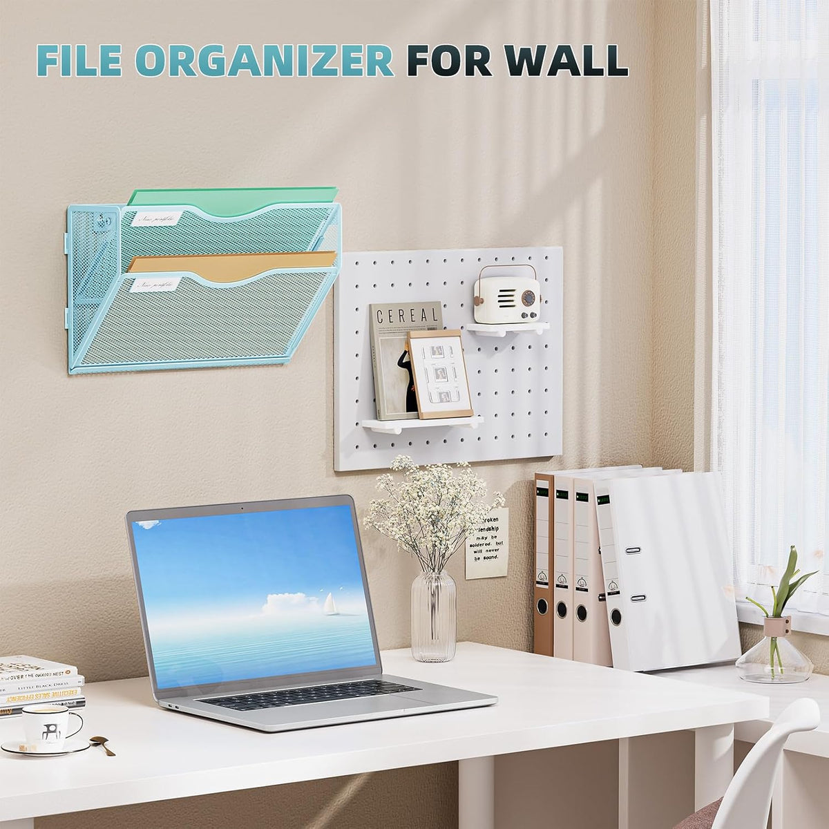 Wall File Holder 2-Tier Hanging Wall File Organizer, Mesh Mail Holder for Papers, Wall Mount File Clipboard & Magazine Organizer Great for Office Home (Black)