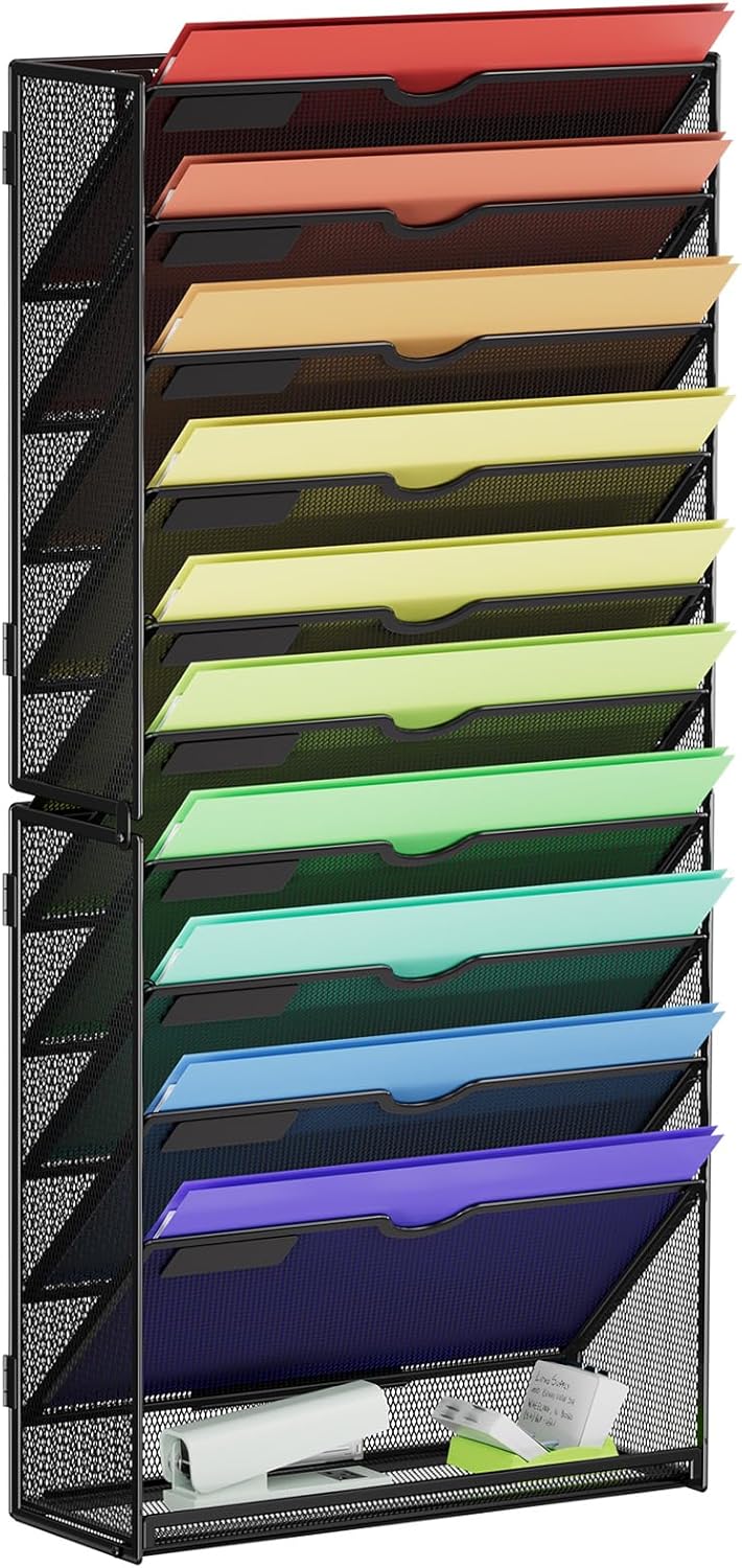 Wall File Holder 2-Tier Hanging Wall File Organizer, Mesh Mail Holder for Papers, Wall Mount File Clipboard & Magazine Organizer Great for Office Home (Black)