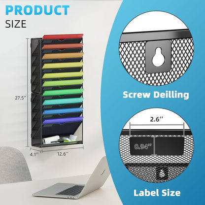 Wall File Holder 2-Tier Hanging Wall File Organizer, Mesh Mail Holder for Papers, Wall Mount File Clipboard & Magazine Organizer Great for Office Home (Black)