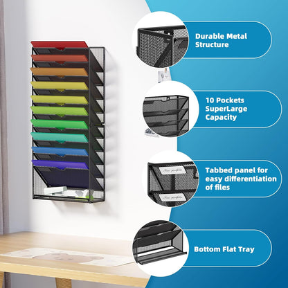 Wall File Holder 2-Tier Hanging Wall File Organizer, Mesh Mail Holder for Papers, Wall Mount File Clipboard & Magazine Organizer Great for Office Home (Black)