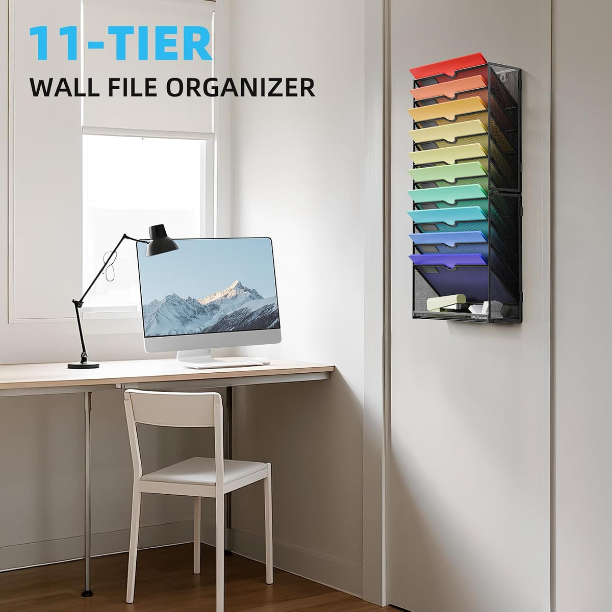 Wall File Holder 2-Tier Hanging Wall File Organizer, Mesh Mail Holder for Papers, Wall Mount File Clipboard & Magazine Organizer Great for Office Home (Black)