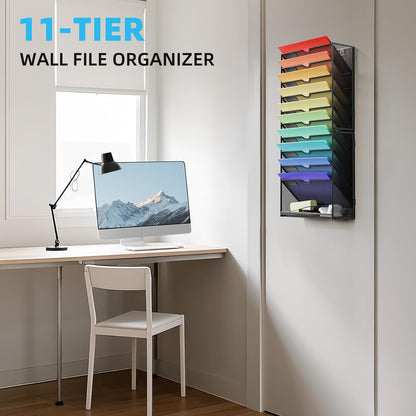 Wall File Holder 2-Tier Hanging Wall File Organizer, Mesh Mail Holder for Papers, Wall Mount File Clipboard & Magazine Organizer Great for Office Home (Black)