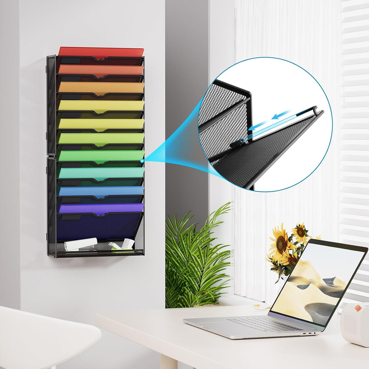 Wall File Holder 2-Tier Hanging Wall File Organizer, Mesh Mail Holder for Papers, Wall Mount File Clipboard & Magazine Organizer Great for Office Home (Black)